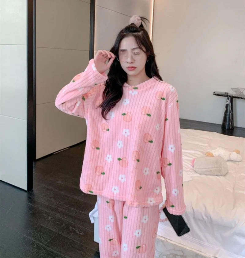 Adorable Sweet Warm Coral Fce Women's Home Clothes Set Autumn Winter Lazy Person's Spwear Long Sve round Ne Two-Pi...