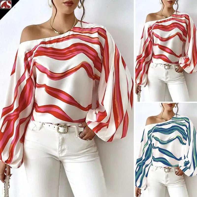 Fashion Long Sleeve Sexy Off Shoulder Shirts women Slash Neck Printed Loose Casual Blouses Women Elegant Simple Lady Shirt Tops