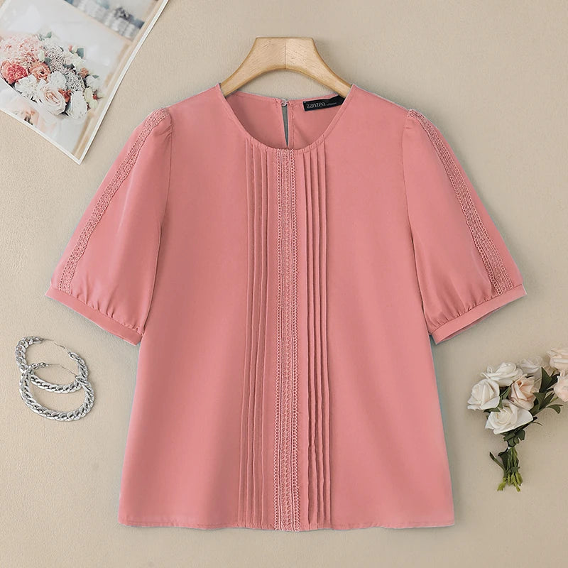 ZANZEA 2025 Summer Blouse Women O-Neck Short Sleeve Tops Elegant Solid OL Work Shirt Fashion Loose Mujer Female Chemise Oversize