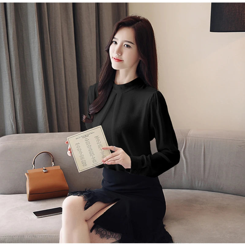 2025 New Spring Autumn Chiffon White Women's Blouse Long Sleeve Stand Collar Elegant Workwear Office Lady Korean Shirts Female