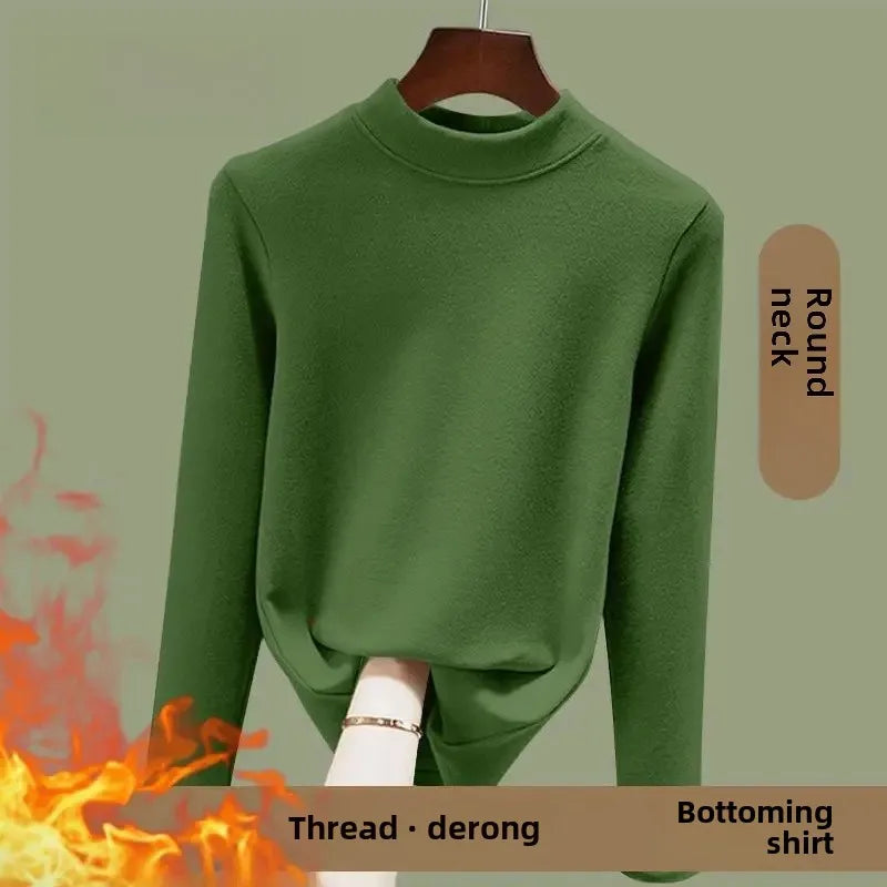 Women's Fleece Lined Long Sleeve Crew Neck Base Shirt Thermal Top Pure Color Spring Autumn Fashionable T-Shirt Polyester Fiber