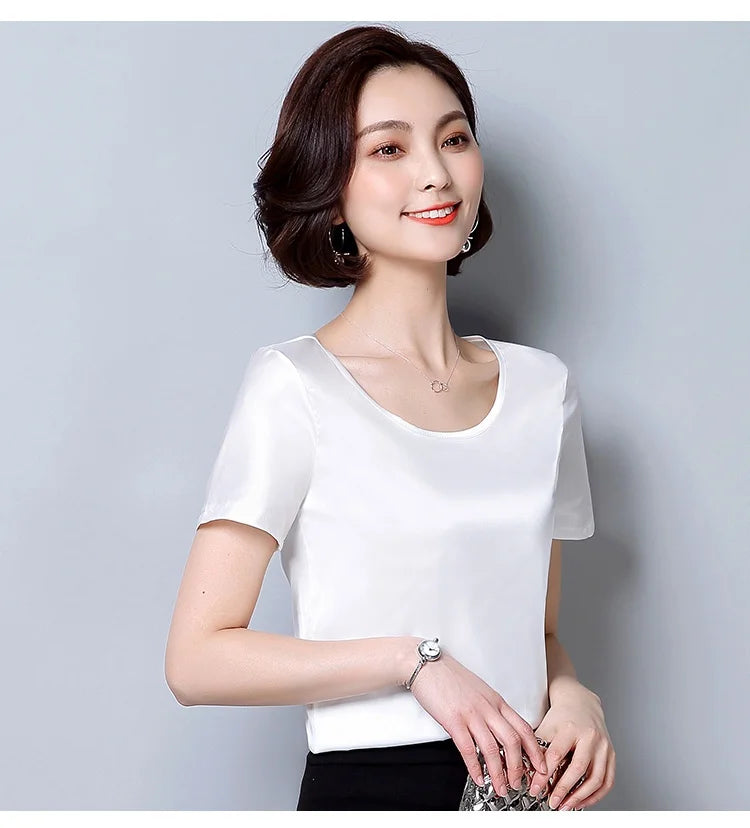 New outer wear silk round neck sling top satin short-sleeved stretch T-shirt large size bottoming shirt women