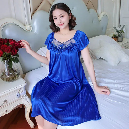 Sexy Ice Silk Lace Plus Size Women's Sleepwear Solid Color Floral Design Thin Short Sleeves Nightgown Summer Glue Fiber Material