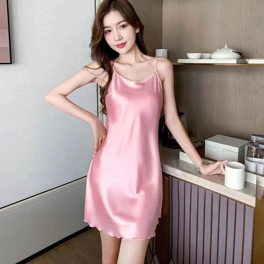 Oversize Satin Nightgown Sexy Woman Nightie Spaghetti Strap Nightdress Short Sleeveless Sleepwear Nightwear