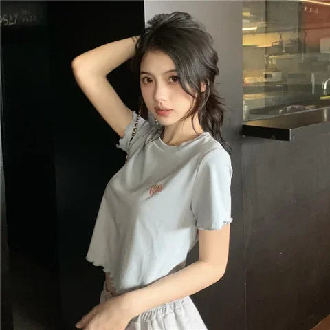 Sweet Spicy Short Crop Top T-Shirt Women's Pink Short Sleeve BM Style Summer Fashion Small Size Female Clothing Polyester Fiber