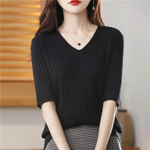 2025 New Spring Summer New Women's V-neck Short-Sleeved Exquisite Cashmere Knitted Sweater Pullover Solid Color