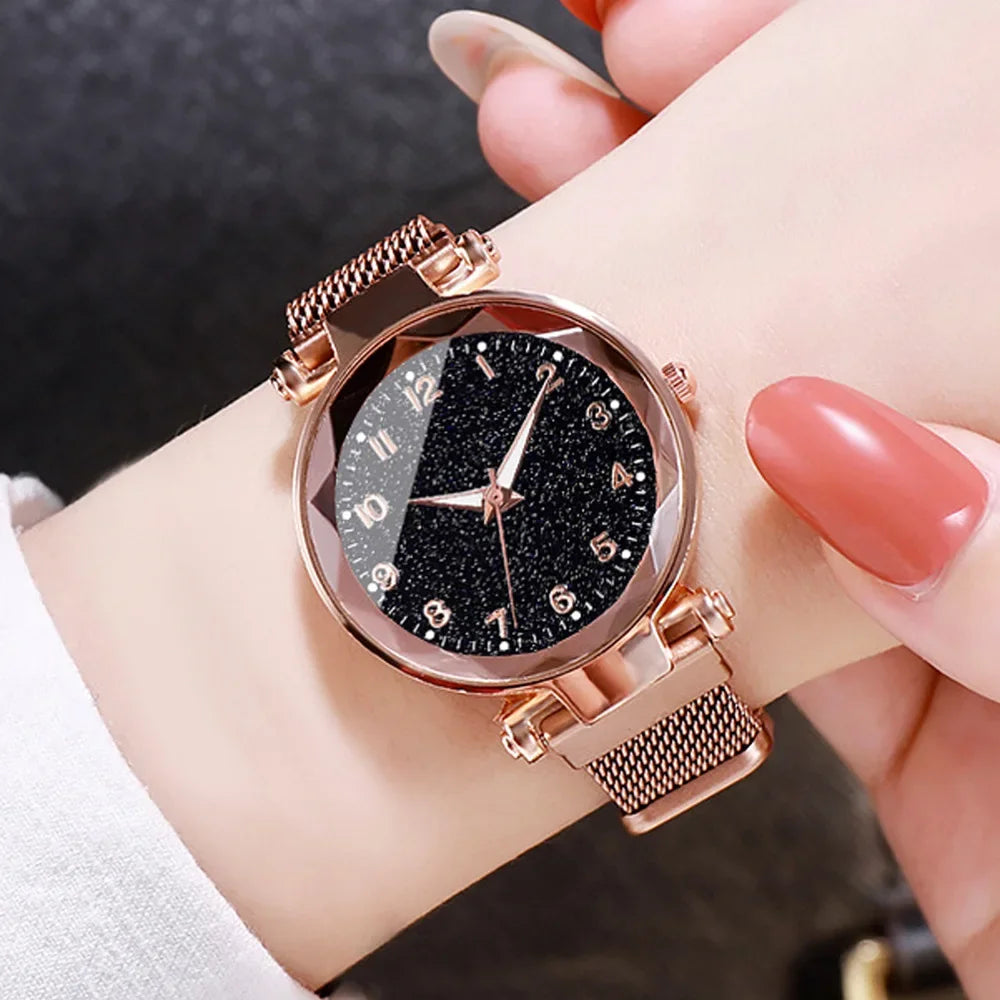 Fashionable Ladies Quartz Watch Set Simple Korean Style with Magnetic Strap Starry Sky Design Versatile Accessory for Women