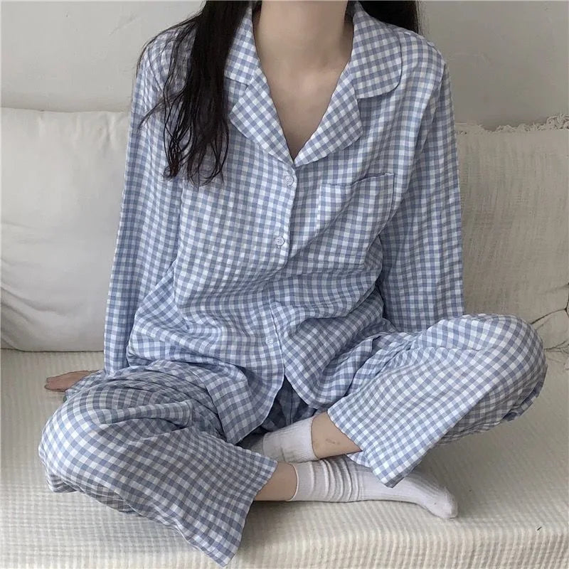 Pajamas Female Autumn and Winter Long-Sleeved Sweet Nightwear Homewear Two-Piece Set Women Plaid Casual Simple Sleepwear