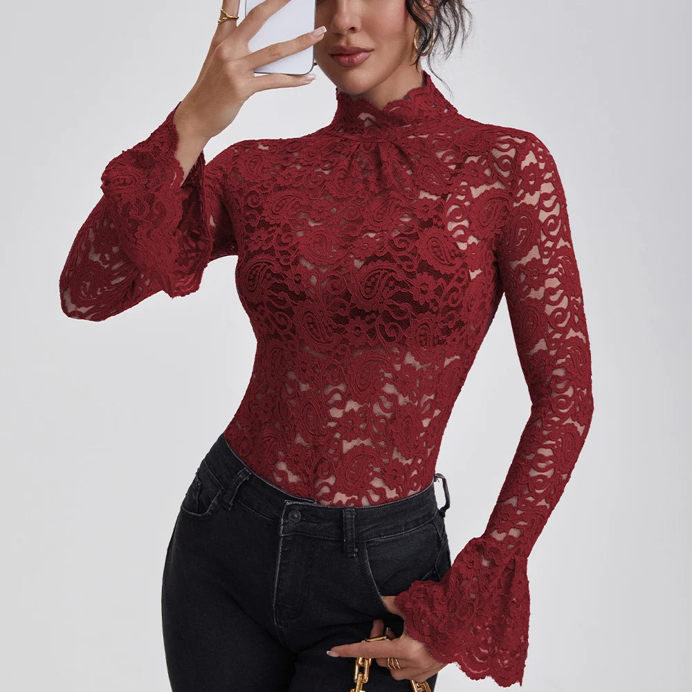 Anfilia Women Lace Shirts Turtle Neck Elegant Flare Long Sleeves Hollow Out Slim-fit Crochet Sexy Blouse