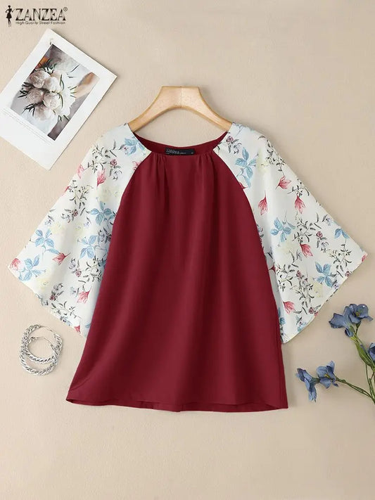 2025 ZANZEA Autumn Printed Blouses Stylish Women Tops Elegant Office Shirt Casual O Neck 3/4 Sleeve Blusas Summer Work Tunic