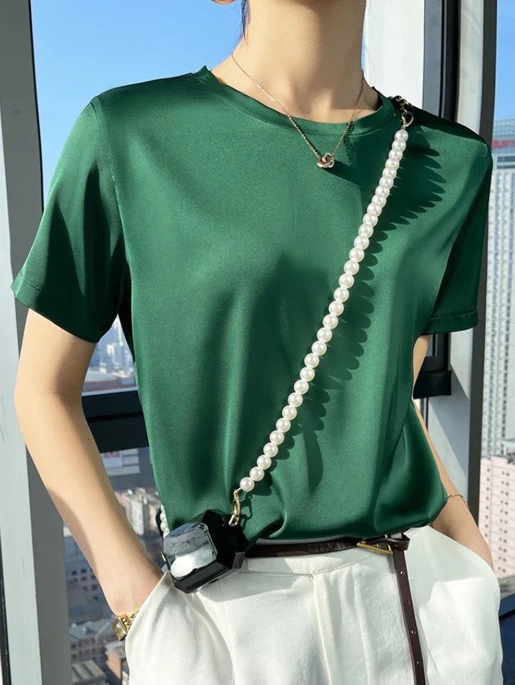 Summer T-shirts Woman O Neck Short Sleeves Tees Satin Klein Blue Champagne Solid Color Loose Women's oversized T Shirt Silk Tops