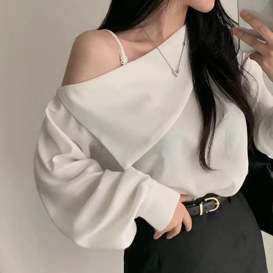 Women's Long Lantern Sleeve Shirt, Sweet Skew Collar, Sexy Off Shoulder Blouse, White Tops, Loose Clothes, Spring, Autumn, 8353