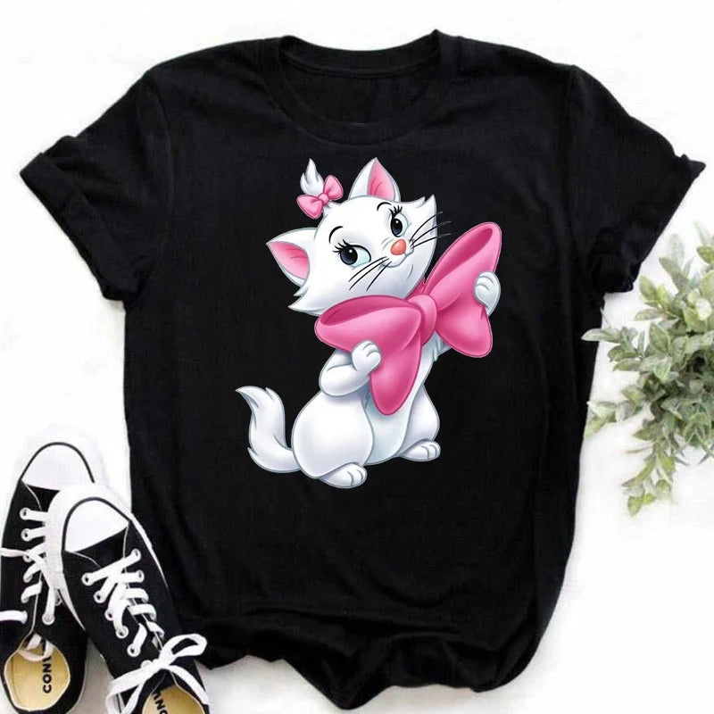 The Aristocats Marie Cat Kawaii Cute Graphic Print Cotton T-shirt 2024 Women's Summer Top Y2K Cute Style Couple Short Sleeve Top
