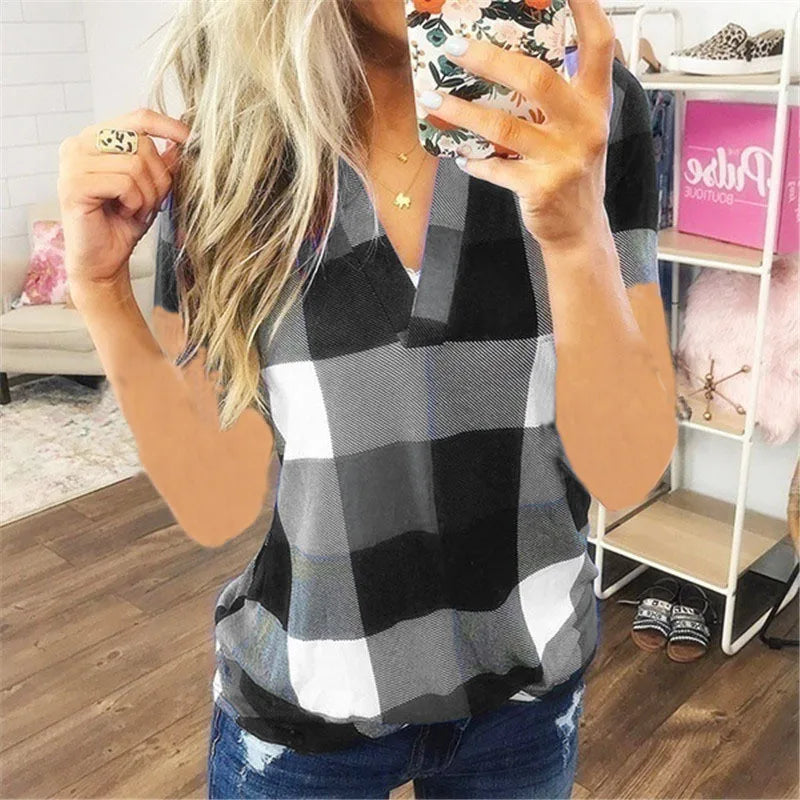 Women Vintage Short Sleeve Shirt V Neck Plaid Shirts Summer Female Casual Blouse Tops Streetwear Korean Style Clearance Sale
