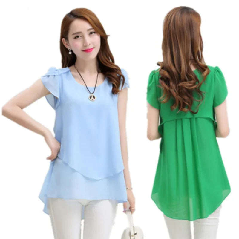 Womens Short Sleeve Chiffon Blouse Peplum Summer Tops Ladies Long Office Shirts  Ruffle Blouse Femme 4XL 5XL