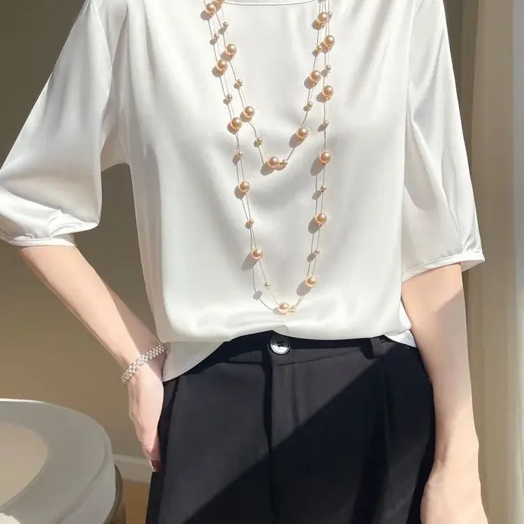 Summer satin Women Blouse Silky Loose Woman Shirt lady's half Sleeve tops Casual solid t-shirt O-Neck pullover women's clothing