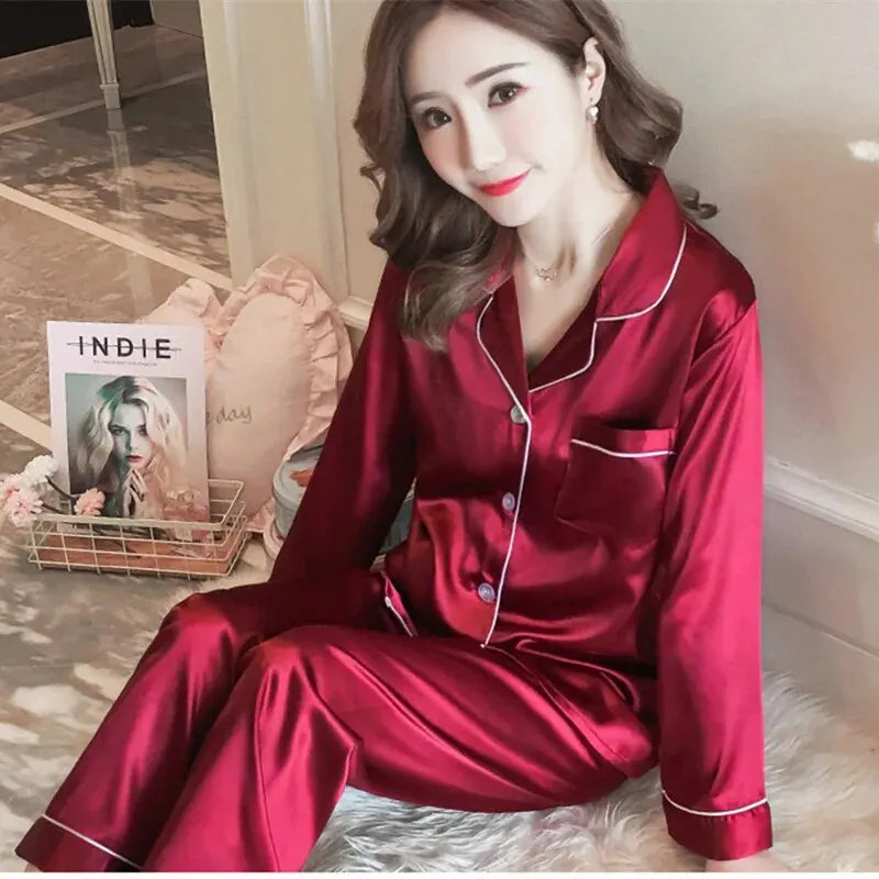 2 Piece Spring and Autumn Women's Pajama Set Silk Fashion V-neck Long Sleeved Pajama and Pants Set Casual Basic Home Clothes