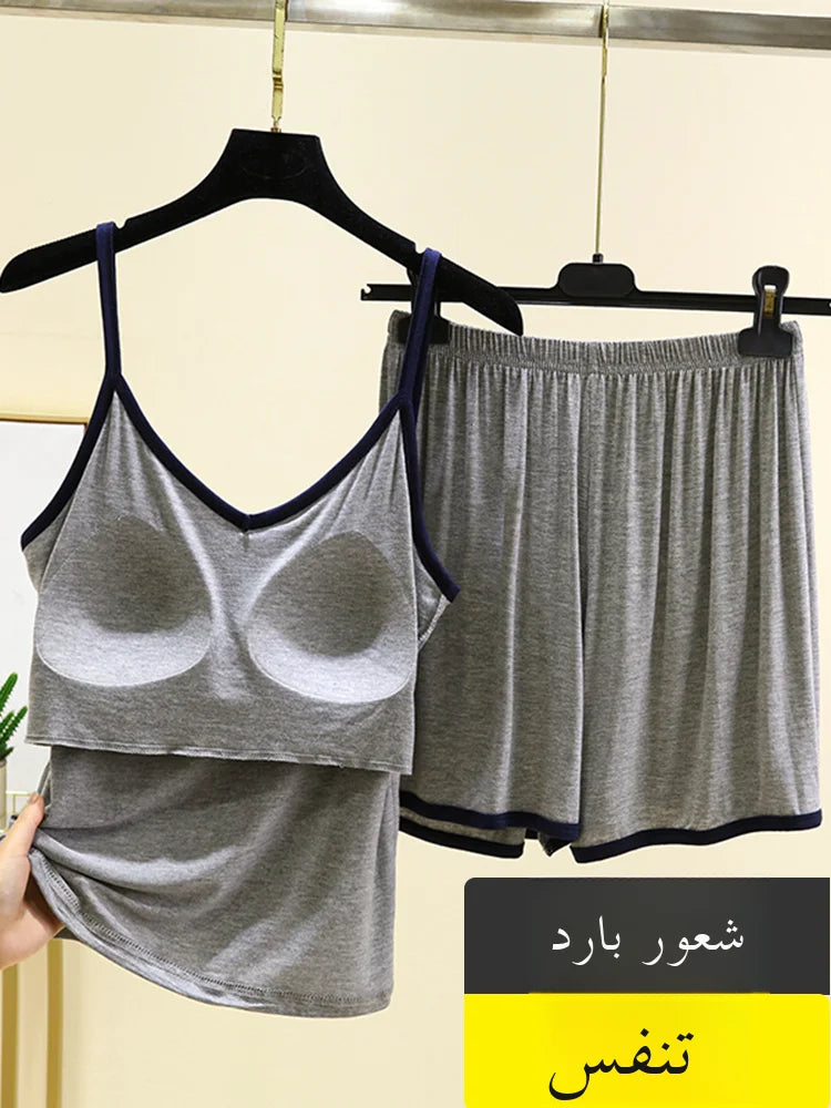 Modal Thin Women's Nightgown Set with Chest Pad V-Ne ort Pants Two-Piece Suit Home Clothes Outdoor Wear No Bra Needed
