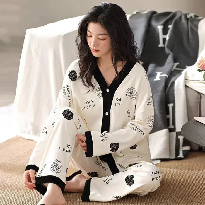 Women's Spring Autumn Long Sleeve Cotton-Like Kimono Loose-Fit V-Neck Sleepwear Sweet Home Clothes Korean Style Outer Wear