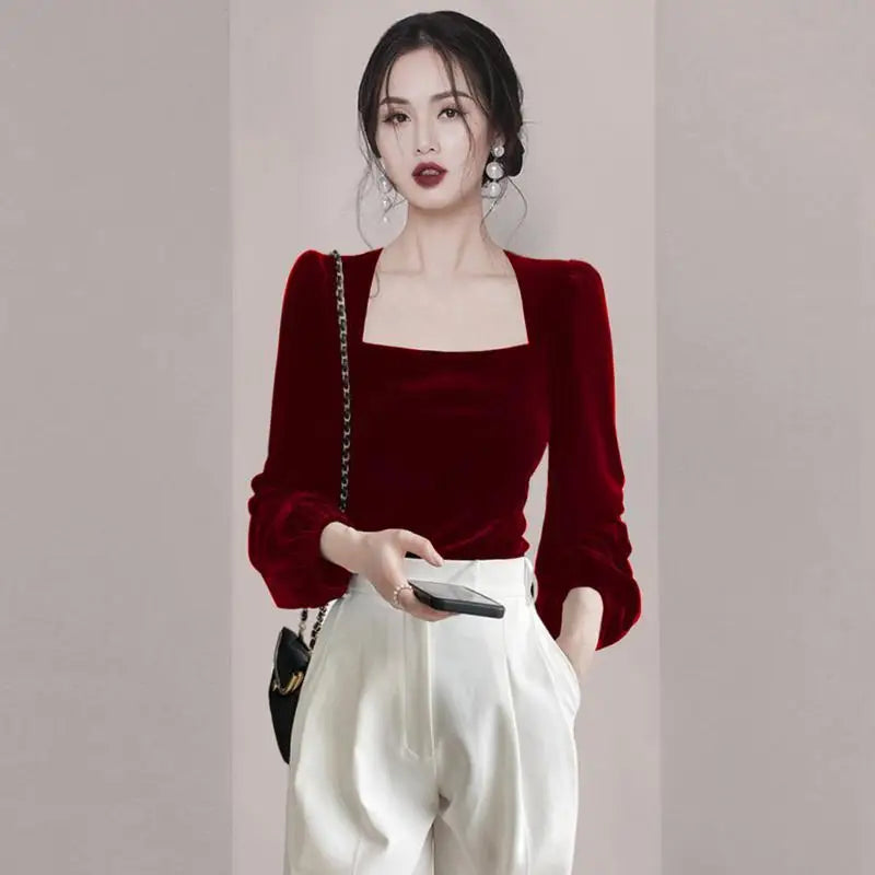 Spring Autumn New Solid Color Fashion Long Sleeve Blouse Women High Street Square Collar Pullovers Korean Style All-match Tops