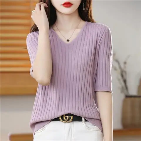 2025 New Spring Summer New Women's V-neck Short-Sleeved Exquisite Cashmere Knitted Sweater Pullover Solid Color