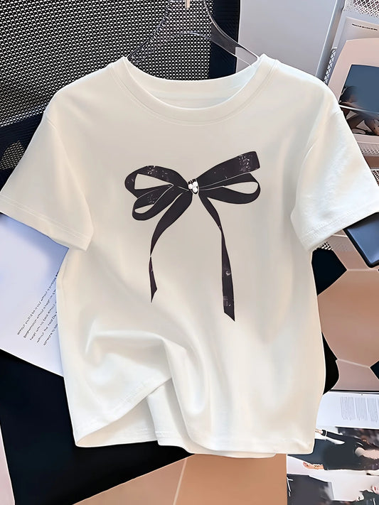 Women's Casual Short Sleeve T-Shirt with Black Bow Graphic Print Relaxed Fit Round Neck Soft Summer Ladies Tshirts Clothing