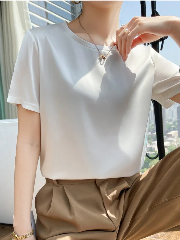 Summer T-shirts Woman O Neck Short Sleeves Tees Satin Klein Blue Champagne Solid Color Loose Women's oversized T Shirt Silk Tops