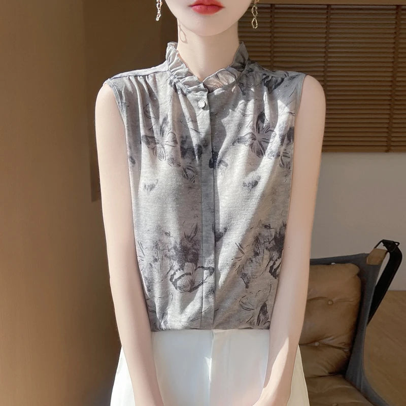 2025 New Chinese Sleeveless Shirt Lace Collar Knit Base Shirt Ink Painting National Style Fashion Western Style Blouse RW M13