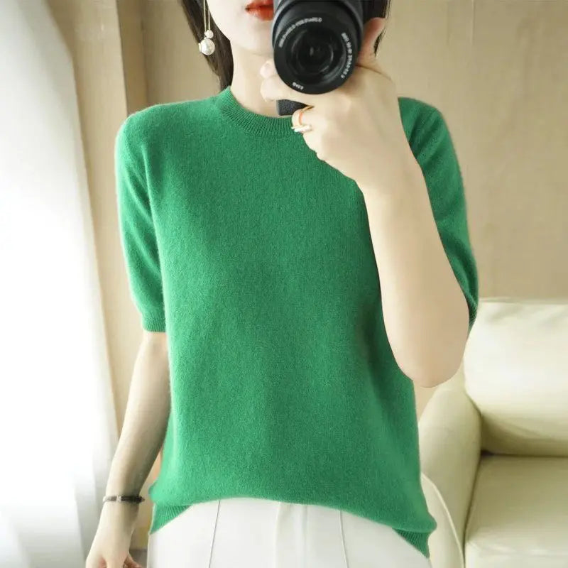 Women Clothing Elegant Fashion O-neck Half Sleeve T-shirts Spring Summer Casual All-match Solid Undershirt Office Lady Knit Tops