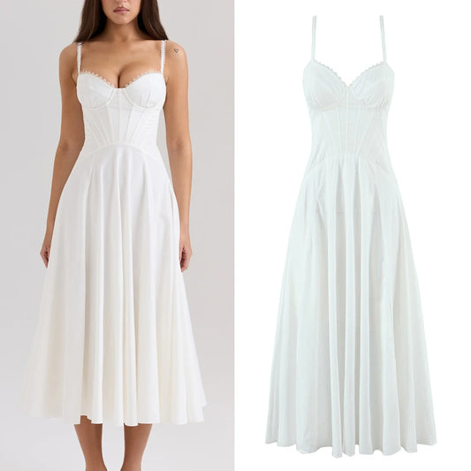 Women Dress 2025 New Fashion Summer Vintage White Lace-Panelled Cotton Dresses for Women Elegance Chic Ladies Midi Dress