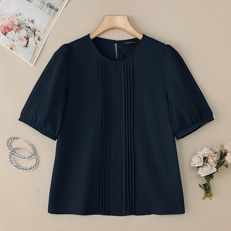ZANZEA 2025 Summer Blouse Women O-Neck Short Sleeve Tops Elegant Solid OL Work Shirt Fashion Loose Mujer Female Chemise Oversize