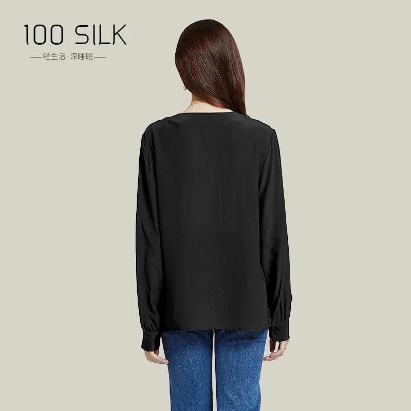 Spring and Autumn New 100% Mulberry Silk Shirt Double Crepe Office Lady Work Shirt Long Sleeve Heavy 18mm Silk Shirt Women