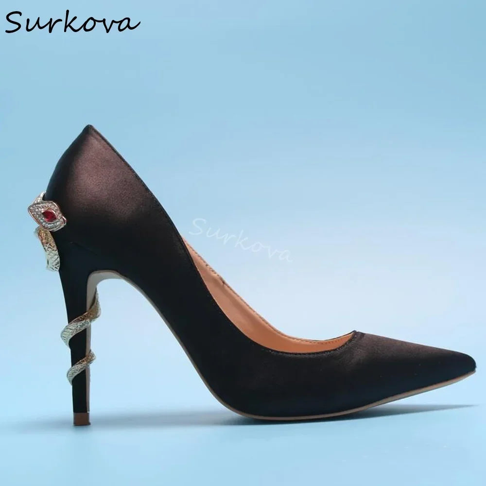 Metal Rhinestone Winding Snake Heels Pumps Women Pointed Toe Stiletto Heel Slip On Satin Pumps 2025 New Sexy Party Catwalk Pumps