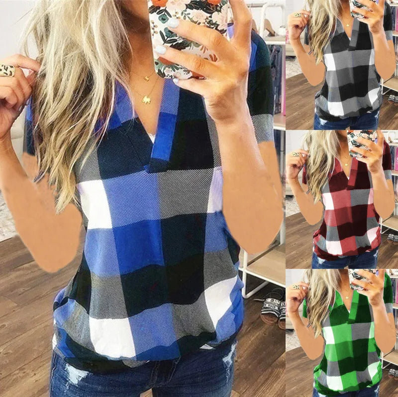 Women Vintage Short Sleeve Shirt V Neck Plaid Shirts Summer Female Casual Blouse Tops Streetwear Korean Style Clearance Sale