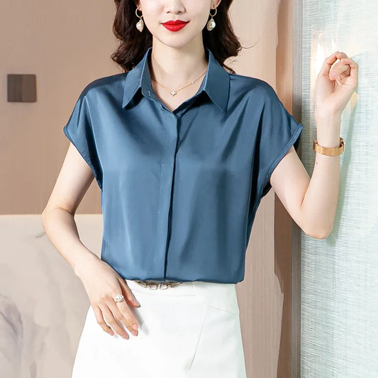 Vintage Blouse Women 2025 New Summer Satin Shirt Silk Elegant Womens Tops Short Sleeve Blouses and Shirts Fashion Women Clothing