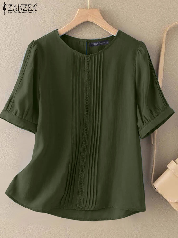 ZANZEA 2025 Summer Blouse Women O-Neck Short Sleeve Tops Elegant Solid OL Work Shirt Fashion Loose Mujer Female Chemise Oversize