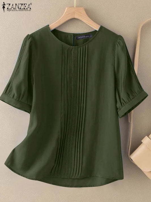 ZANZEA 2025 Summer Blouse Women O-Neck Short Sleeve Tops Elegant Solid OL Work Shirt Fashion Loose Mujer Female Chemise Oversize