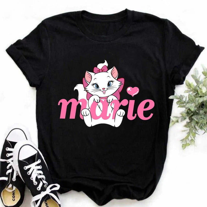 The Aristocats Marie Cat Kawaii Cute Graphic Print Cotton T-shirt 2024 Women's Summer Top Y2K Cute Style Couple Short Sleeve Top