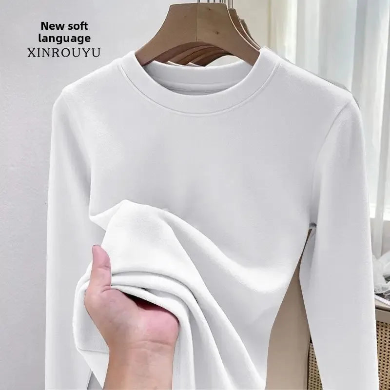 Women's Fleece Lined Long Sleeve T-Shirt Base Layer Shirt Autumn Winter New Style Slimming Versatile Inner Wear Crew Neck Top
