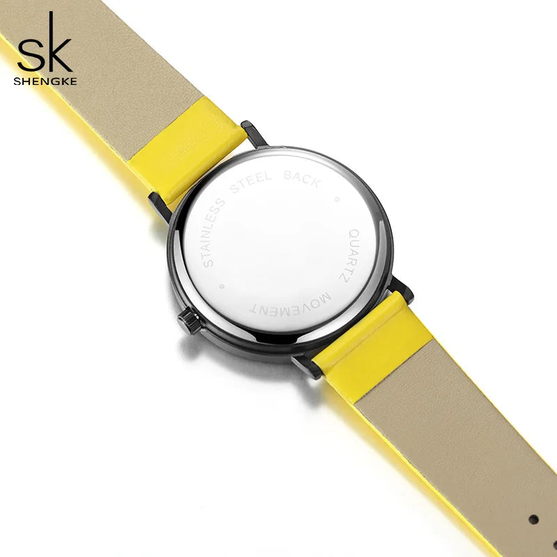 Shengke Women Creative Wristwatch Ladies Watches Yellow Leather Band Best Gifts Wristwatches Clock Montres Femme Reloj Mujer