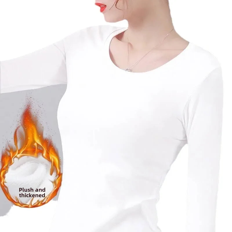 Thickened Fleece-lined Women's T-shirt Korean Style Fall/winter Warm Braised Top Crew Neck Women's Clothing