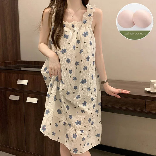 Women's Summer Spwear Breathable Pure Cotton Dr with Chest Pad Large Size Home Clothes Long Skirt Sweet Sle ...