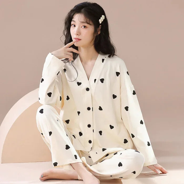 Women's Spring Autumn Long Sleeve Cotton-Like Kimono Loose-Fit V-Neck Sleepwear Sweet Home Clothes Korean Style Outer Wear