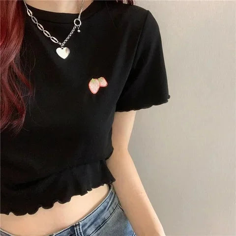 Sweet Spicy Short Crop Top T-Shirt Women's Pink Short Sleeve BM Style Summer Fashion Small Size Female Clothing Polyester Fiber