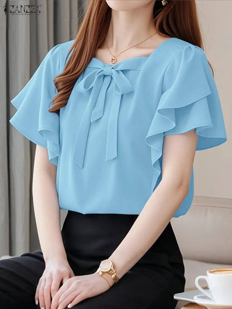 2025 ZANZEA Women Square Neck OL Work Blouse Summer Elegant Office Shirts Stylish Short Ruffled Sleeve Tunic Tops Blusas Femme