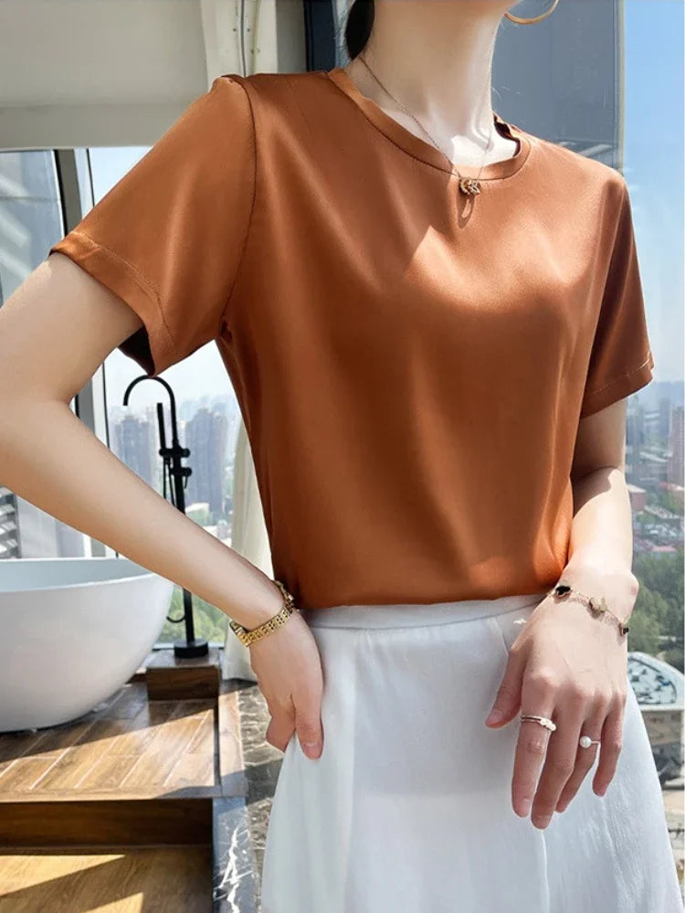 Summer T-shirts Woman O Neck Short Sleeves Tees Satin Klein Blue Champagne Solid Color Loose Women's oversized T Shirt Silk Tops