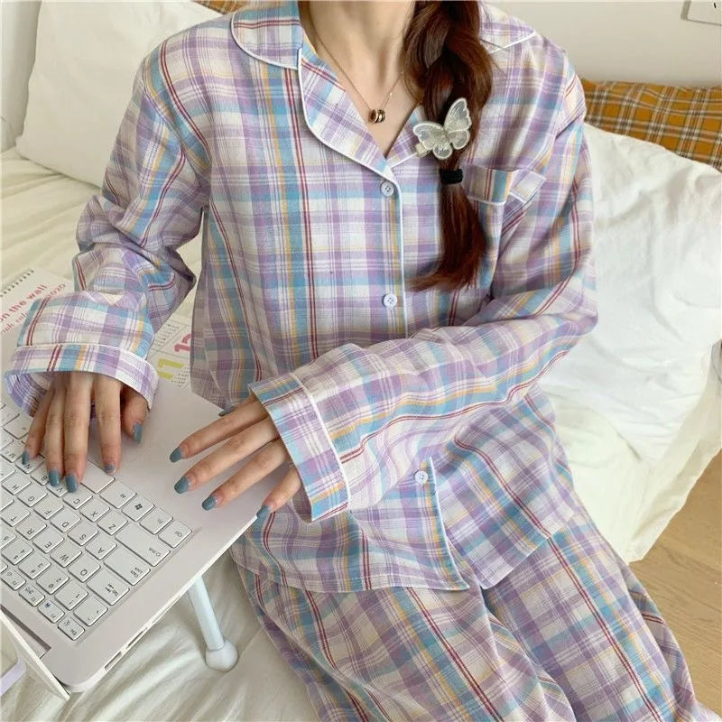 Pajamas Female Autumn and Winter Long-Sleeved Sweet Nightwear Homewear Two-Piece Set Women Plaid Casual Simple Sleepwear
