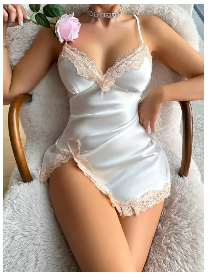 Lace Trim Leopard Nightdress V Neck Backless Side Split Slip Sleep Dress Women's Sleepwear Dresses