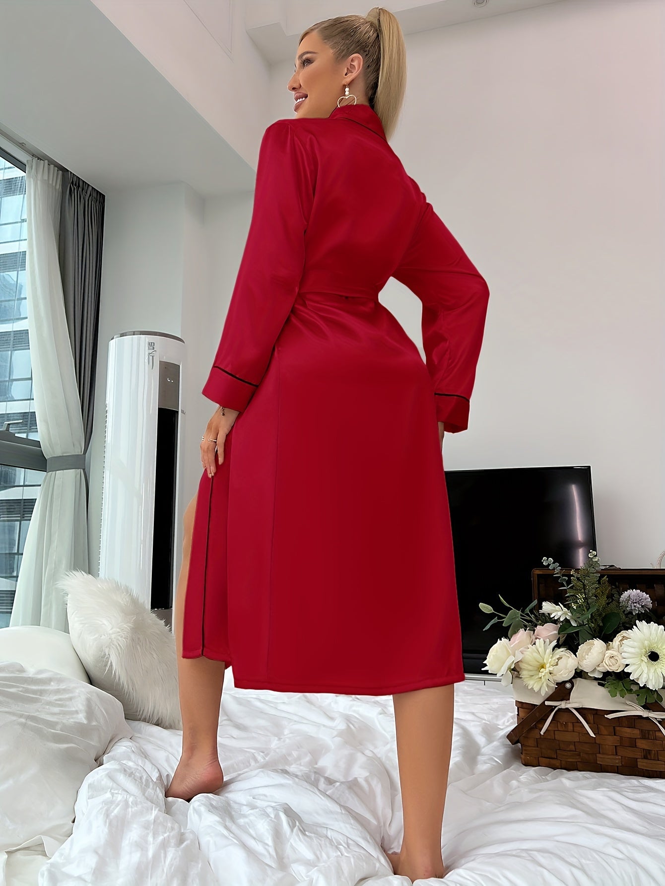 Luxurious Satin Night Robe - Women's Sleepwear & Dresses for Fall and Winter - Three Quarter Sleeve V Neck Design with Belt, Soft and Cozy Casual Nightgown for Cold Weather