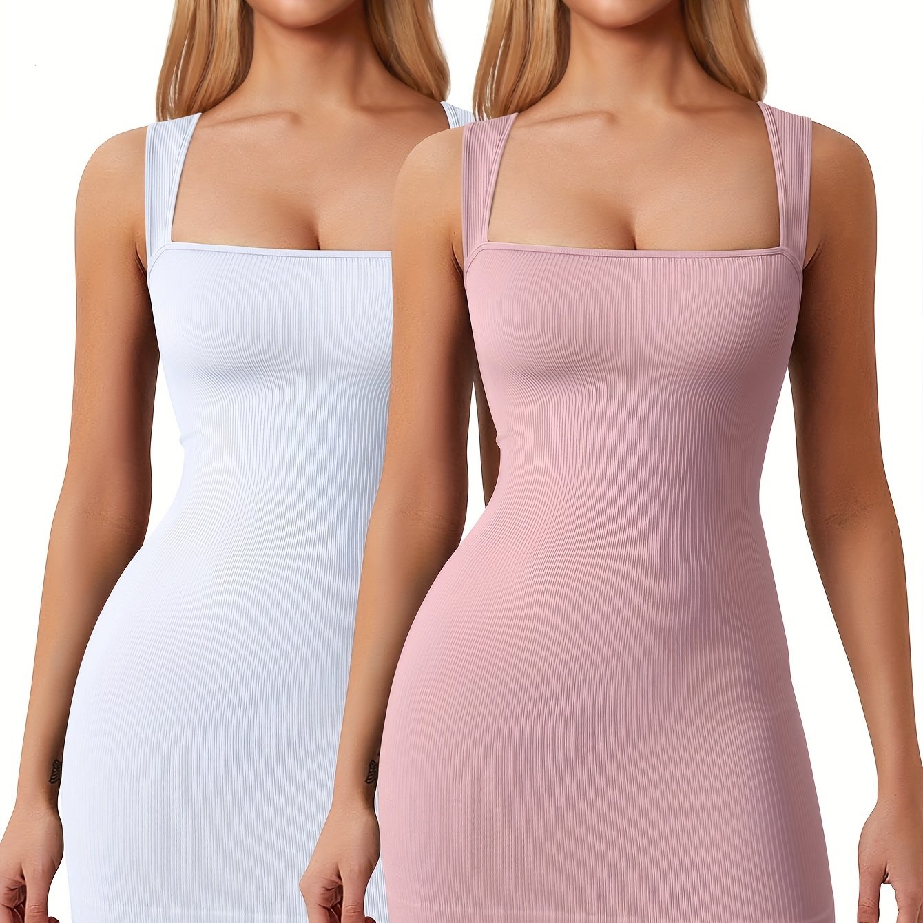 OQQ Women's 2 Piece Mini Dresses Sexy Ribbed Strappy Square Neck Tank Tops Mini Dress